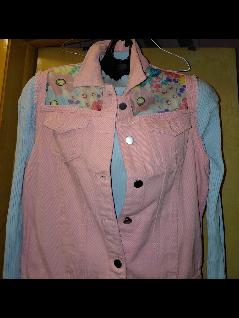 NEW UPCYCLED REDESIGNED Pink Floral-Accent Women's Denim Vest